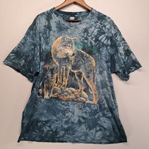 Vintage Nature Wolf T Shirt Mens XL Tie Dye Blue Thrashed Distressed Graphic